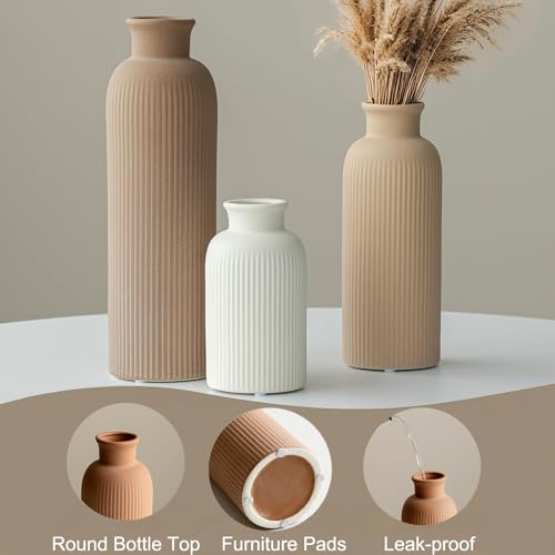 Modern Ceramic Vase Set - 3-Piece Ribbed Matte Vases for Home Decor