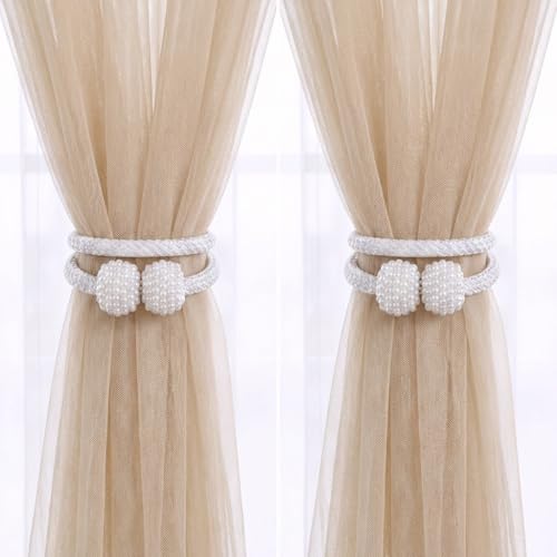 6 Pack Magnetic Curtain Tiebacks, 18.9" White Pearl Drapery Holdbacks