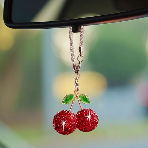Crystal Cherry Car Hanging Ornament - Sparkly Rhinestone Mirror Pendant