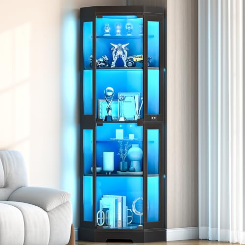 6-Tier Corner Display Cabinet with Glass Doors and LED Lighting