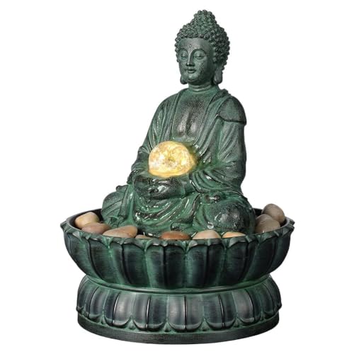 Zen Buddha Tabletop Water Fountain with LED Light and Rolling Glass Ball