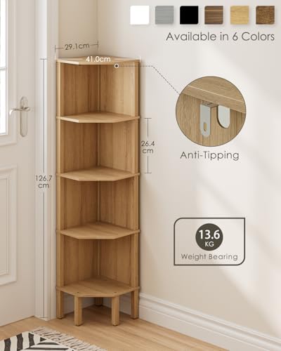 5-Tier Oak Corner Bookshelf, Space-Saving Display Storage Rack