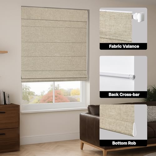 Cordless Blackout Roman Shades, 34.5" W x 60" H, Beige - No Drill, UV Blocking