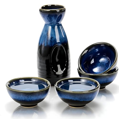 Goaste Japanese Ceramic Sake Set with Carafe and Cups - Dark Blue, Dishwasher Safe