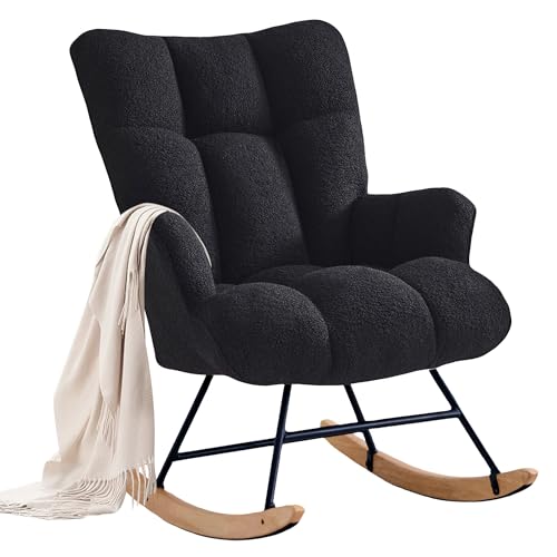 Zedachica Black Teddy Upholstered Nursery Rocking Chair Glider Armchair