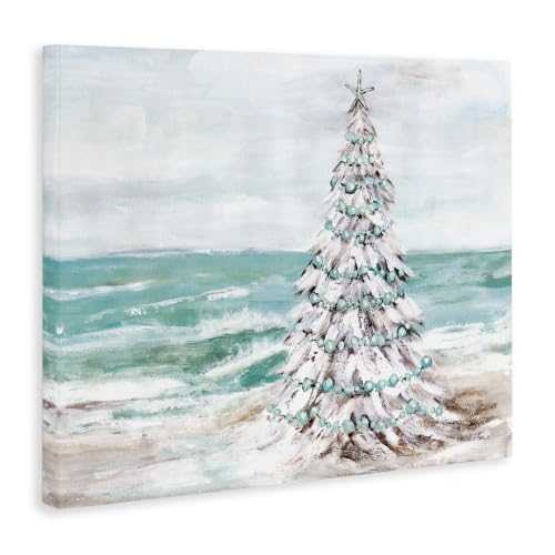 Snowy Christmas Tree Beach Canvas Wall Art - 16 x 20 in, Stretched Gallery Wrap