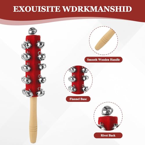 6 Pack Christmas Jingle Bells with Wooden Handle, Handheld Sleigh Bell Shaker