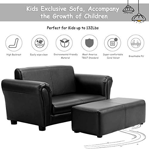 Kids 2-Seater Sofa with Ottoman - Black PU Leather Toddler Lounge Chair