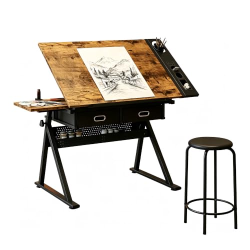 Height Adjustable Drafting Table with Stool, Tilting Art Desk with Drawers