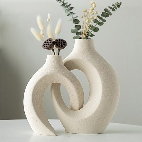 Hollow Ceramic Vase Set of 2 - Modern Matte Off-White Boho Decor Vases