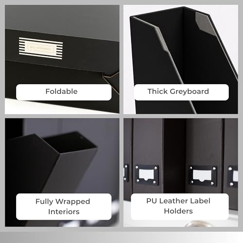Foldable Black Magazine File Holder Set - 6 Pack Cardboard Desk Organizer