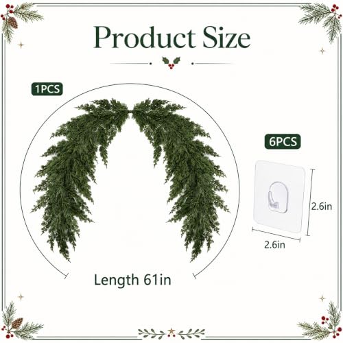5.1ft Artificial Cedar Swag Garland - Realistic Greenery for Mantle & Mirror