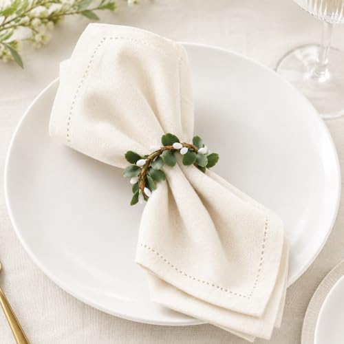 Cloud-LINK Artificial Eucalyptus Napkin Rings Set of 8 with White Berry Accents for Wedding & Holiday Decor