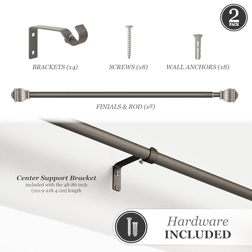 Kenney KN71673 Beckett Soft Square End Standard Decorative Window Curtain Rod, 28-48" Adjustable Length, Pewter Finish, 5/8" Diameter Steel Tube, 2-Pack