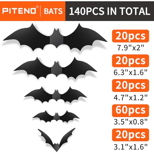140Pcs 3D Black Bat Stickers for Halloween Decor - PVC Wall Decals