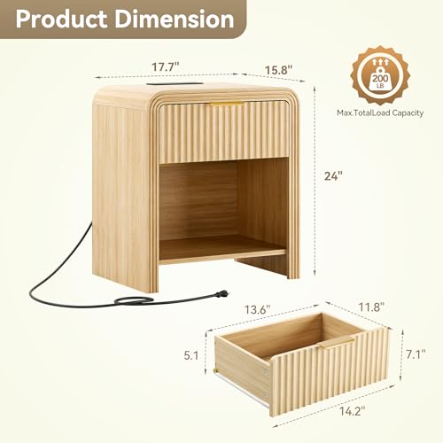 Fluted 1-Drawer Nightstand with USB Charging Station - Oak Bedside Table