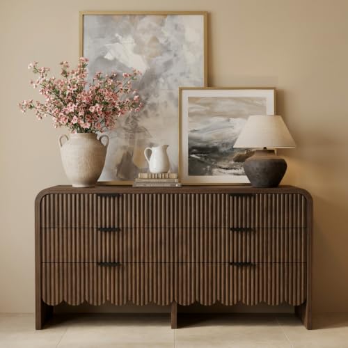 YMW Walnut Scalloped Dresser with 6 Drawers, 15.4"D x 59.1"W x 29.5"H Bedroom Storage