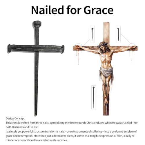Hand-Forged Iron Crucifixion Nail Cross on Wooden Base - Religious Decor