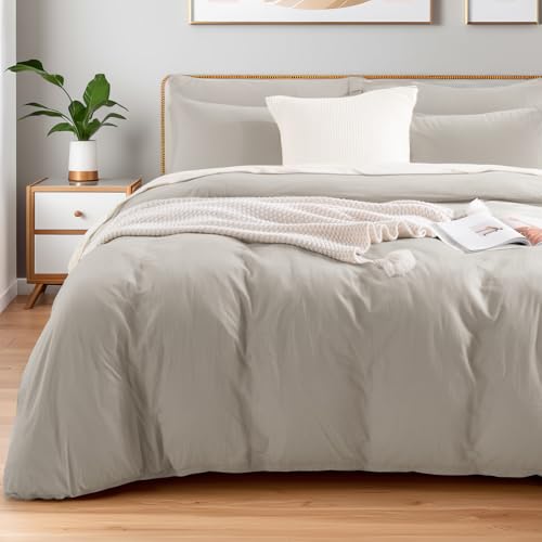 Twin Size Duvet Cover Set - 100% Washed Cotton, Breathable & Durable, Cream Grey
