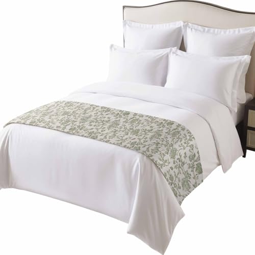 Sage Green Queen Bed Runner - Vintage Botanical Satin Bed Scarf (94"x20")