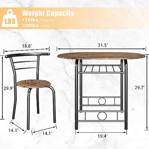 3-Piece Round Kitchen Dining Table Set with Built-in Wine Rack