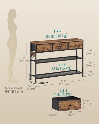 Console Table with Charging Station, LED Lighting, and 3 Fabric Drawers