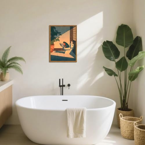 Funny Frog Bathroom Wall Art - Japanese Frog on Toilet Framed Canvas 12x16