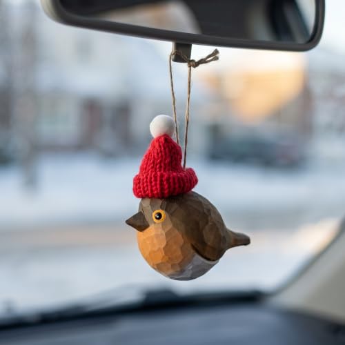 European Robin Wooden Christmas Ornament - Rustic Handcarved Holiday Decor