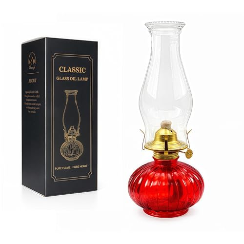 13-Inch Large Glass Kerosene Oil Lamp - Rustic Hurricane Lantern (Red)