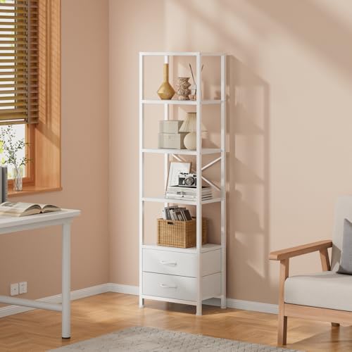 5-Tier Corner Bookshelf with 2 Storage Drawers, White Tall Narrow Shelf