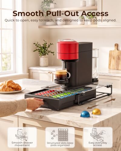 Coffee Pod Organizer Drawer with Tempered Glass Top, 40-52 Pod Capacity