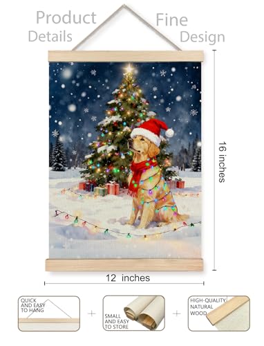 XUNLURY Christmas Tree Wall Art - Golden Retriever Canvas Poster, Snowy Winter Night, 12x16 Inch, Color-5