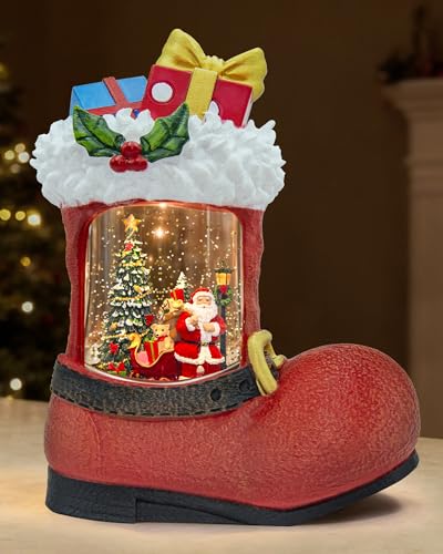 Sinofayar 9.65" Christmas Snow Globe Lantern with 8 Melodies, 6H Timer, Dual Power – Santa Gifts Pile 97