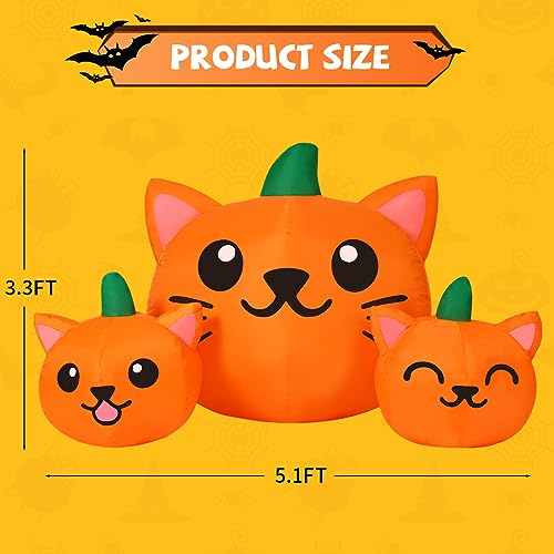 5ft Halloween Inflatable Pumpkin Cat Heads with Built-In LED Lights