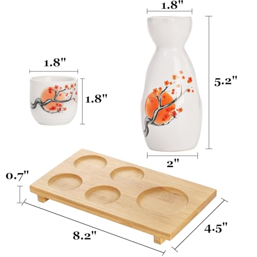 Tosnail 5-Inch Ceramic Japanese Sake Set with Carafe, 4 Cups & Bamboo Tray – Orange Blossom, 1 Serving