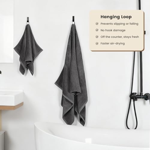 4-Pack Cotton Bath Towels with Hanging Loop, Gray 55x27 Inch Set