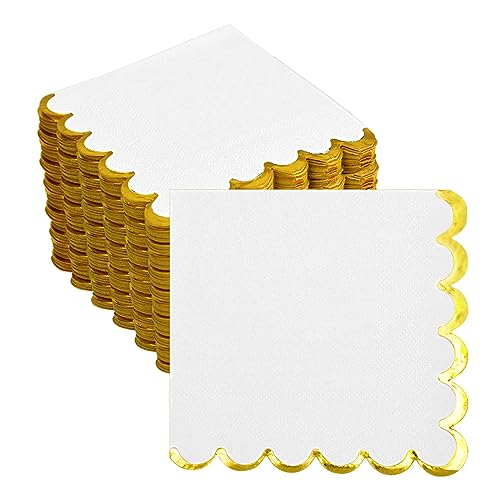 200 Pack White and Gold Scalloped Cocktail Napkins - Disposable Party Tableware