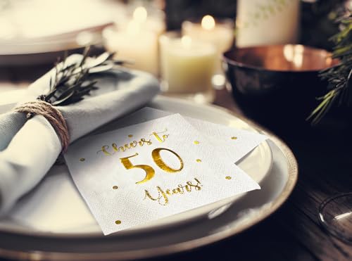 White Cheers to 50 Years Cocktail Napkins - 50-Pack, 3-Ply, Birthday & Anniversary Decor