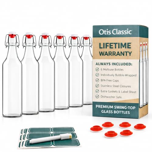 Clear Swing Top Glass Bottles 16oz Set of 6 with Labels