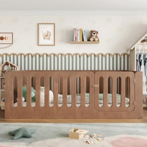Twin Size Montessori Floor Bed Frame with High Fence and Door, Natural Wood