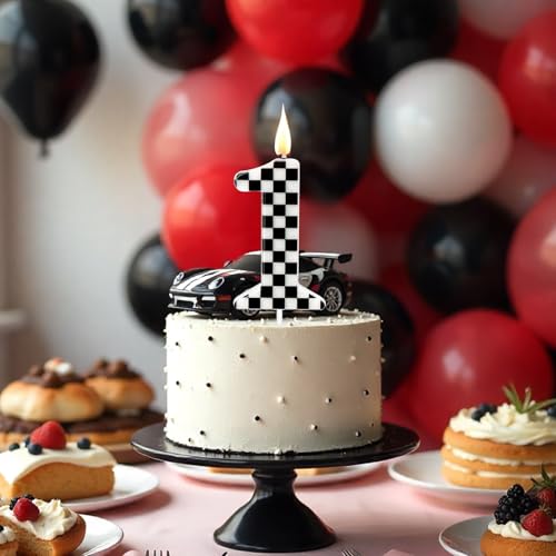 Racing Car Birthday Candle - Black & White Checkered Cake Topper