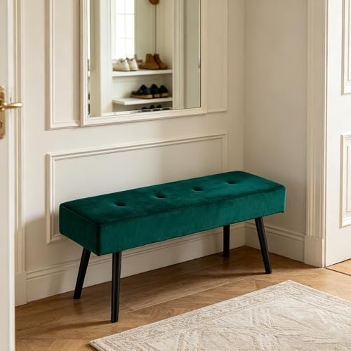 40-Inch Upholstered Entryway Bench with Metal Legs, Dark Green Velvet