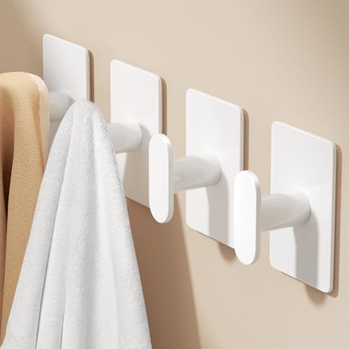 Adhesive Towel Hooks, 20lb Heavy Duty Wall Hangers - White 4 Pack