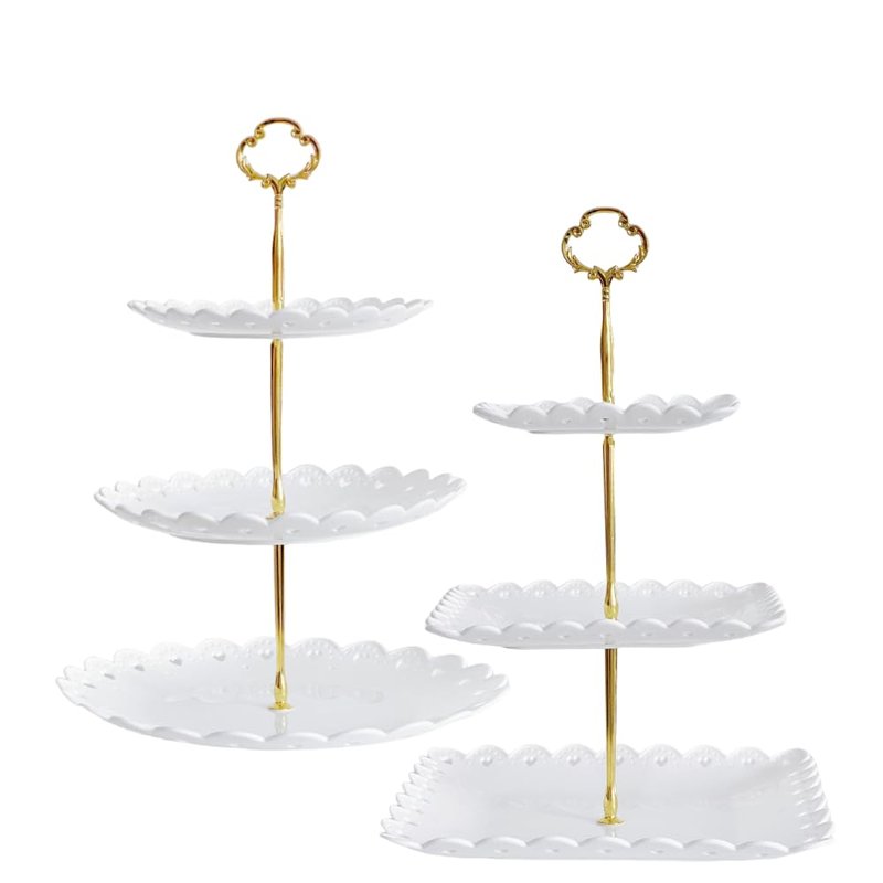 RAUVOLFIA 2 Pack of Plastic Round & Square Dessert Cupcake Stand, 3 Tier Cup Cake Holder Tower for Tea Party/Birthday/Wedding, Plastic Tiered Serving Tray (White)