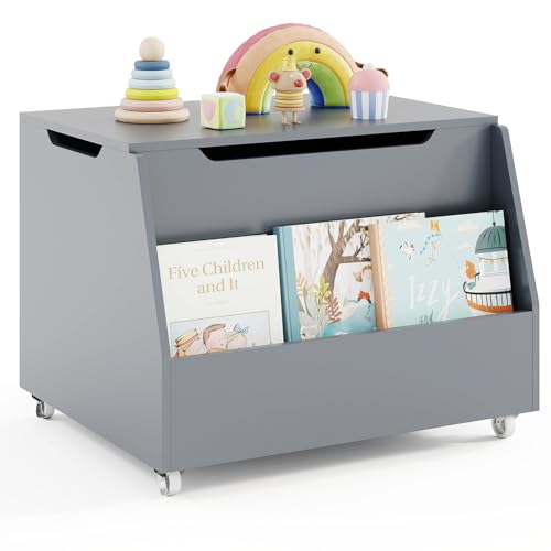 Wooden Kids Toy Storage Chest with Wheels and Soft-Close Lid, Gray