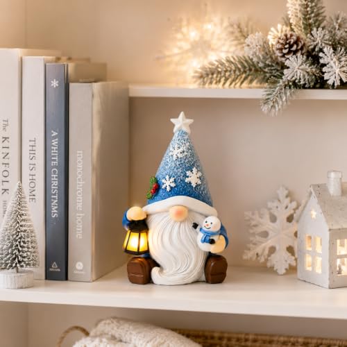 Blue Lighted Christmas Gnome Decor with Timer – Resin Snowman Figurine