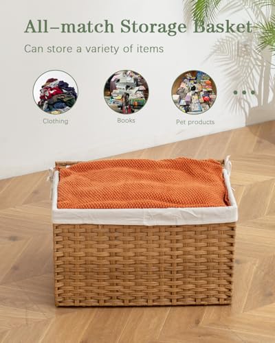 Woven Storage Basket with Lid 65L Foldable Rattan Hamper with Liners