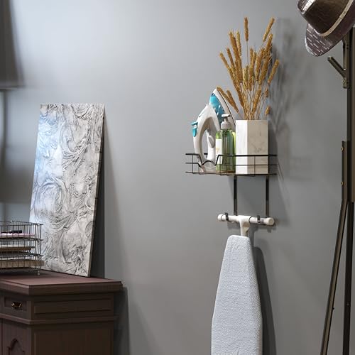 Wall Mounted Ironing Board Holder with Storage Shelf, Black Steel Rack