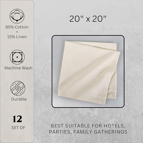 Cloth Napkins Set of 12 - 18x18 Inch Cotton Linen Blend Dinner Napkins, Ivory