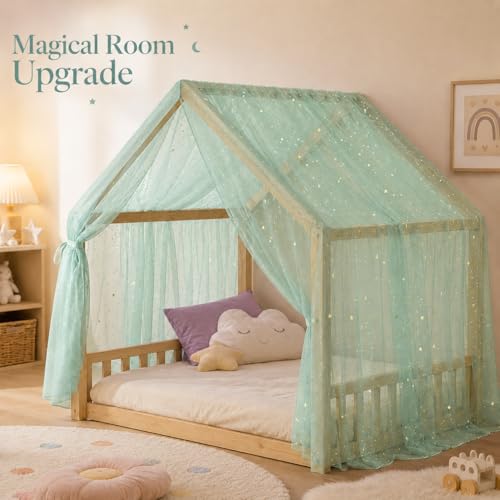 Green Star and Moon Bed Canopy Tulle Curtain for Girls Room, 60x158 Inch